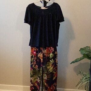spacegirly elastic waist Hawaii wide leg pants & navy blouse set